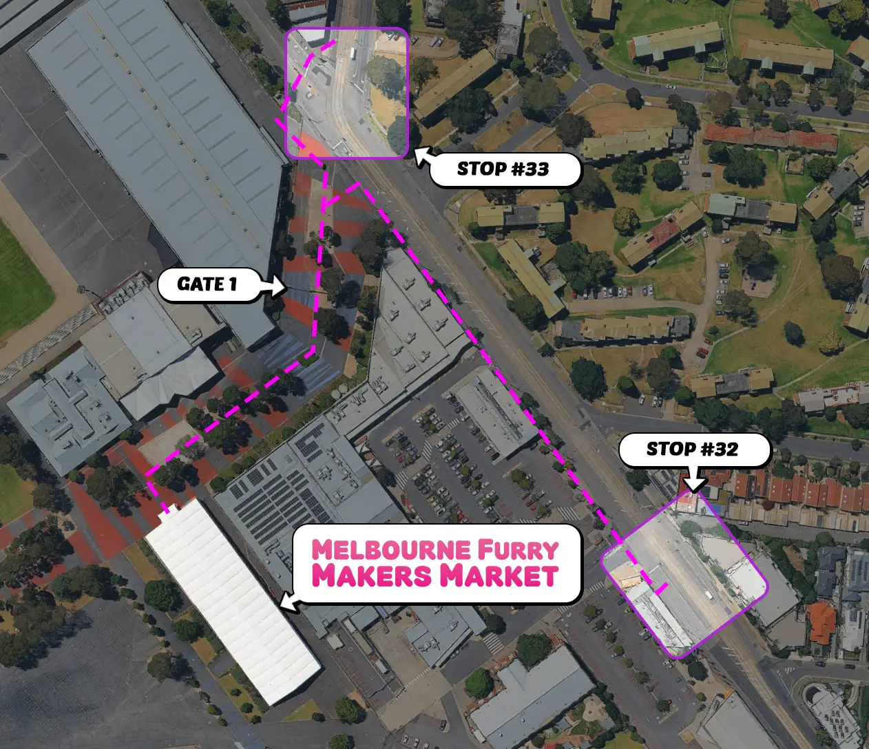 Tram route map to the Melbourne Showgrounds